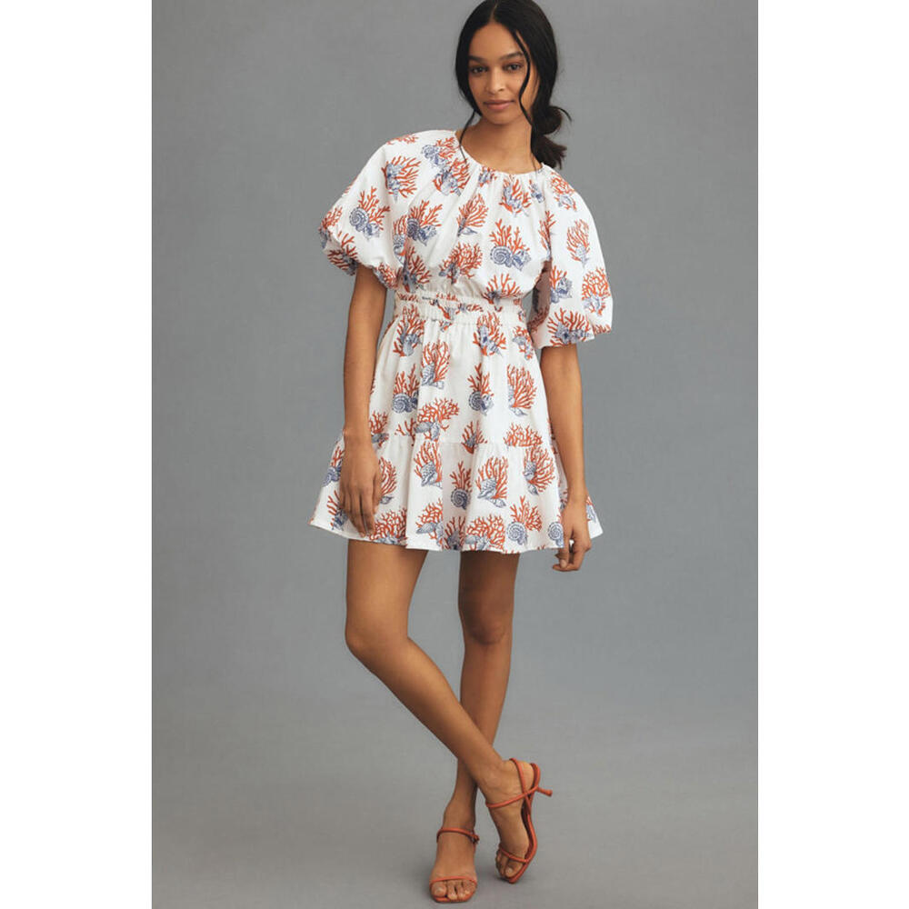 Anthropologie - Short Sleeve Coral Print Mini Dress with Puff Sleeves, size XXS